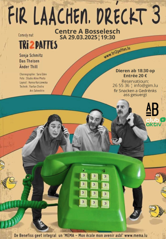 Affiche avec les acteurs de l'ensemble derrière un ancien téléphone vert affichant uniquement des boutons avec le chiffre 3